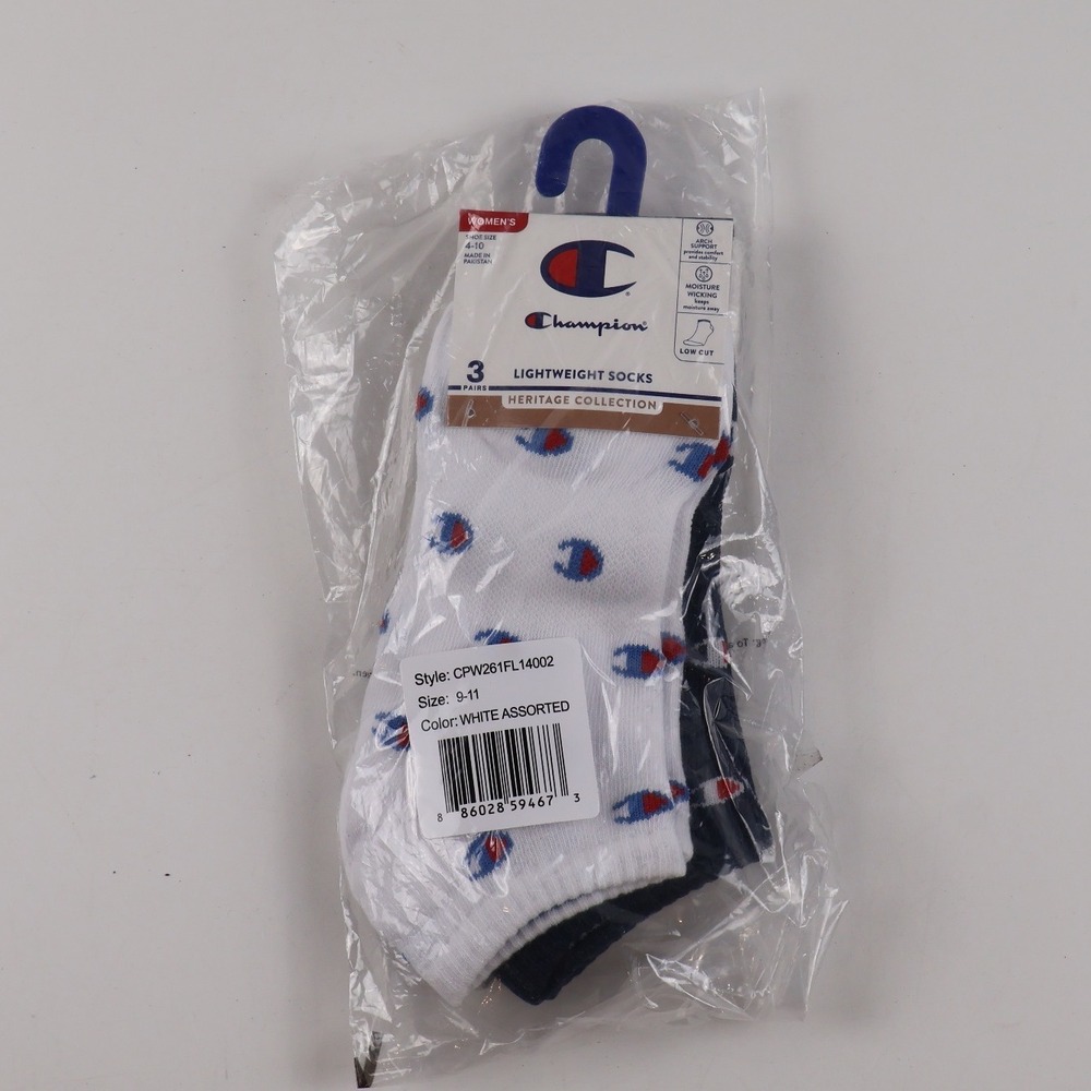 Champion Socks Heritage Collection 3 Pack White Assorted Logo Print 9-11 NWT